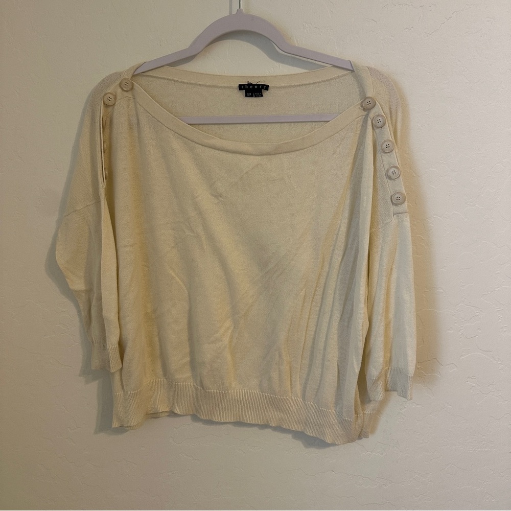 Theory Cream Cotton‎ Cashmere Button-Shoulder Sweater